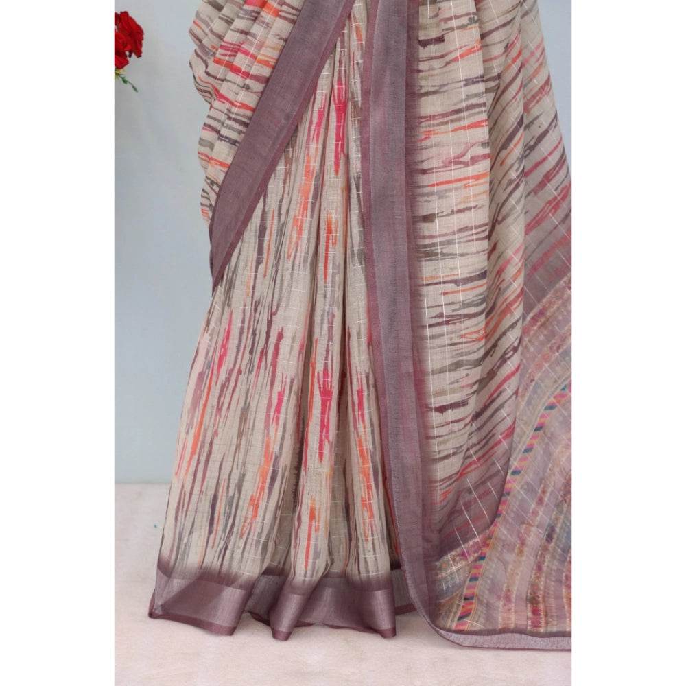 Generic Women's Linen Digital Print Saree With Unstitched Blouse 5.5Mtr (Grey) - MYLUXURY LANE ENTERPRISE
