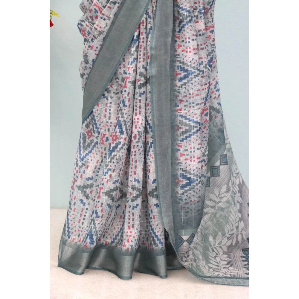 Generic Women's Linen Digital Print Saree With Unstitched Blouse 5.5Mtr (Grey) - MYLUXURY LANE ENTERPRISE
