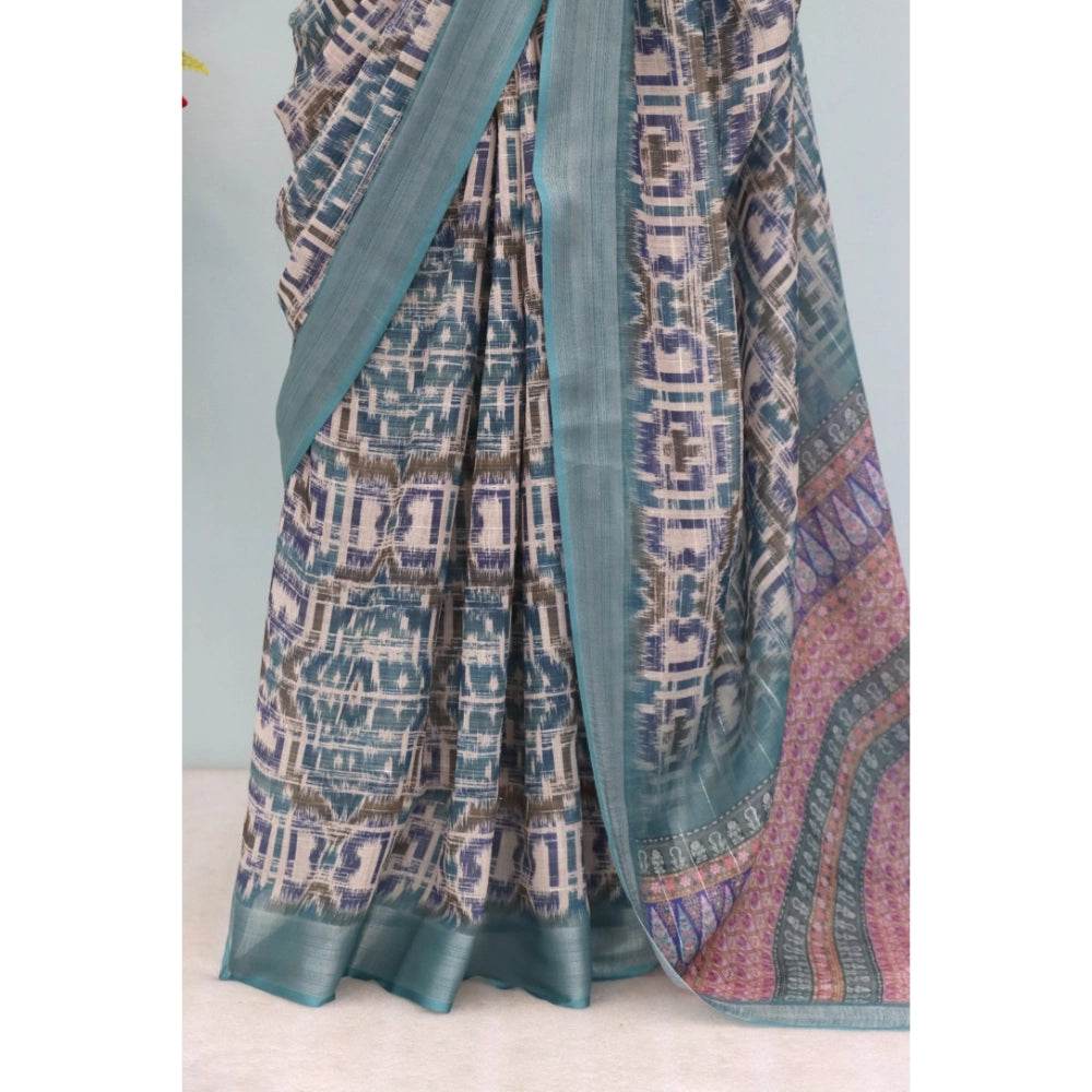 Generic Women's Linen Digital Print Saree With Unstitched Blouse 5.5Mtr (Green) - MYLUXURY LANE ENTERPRISE