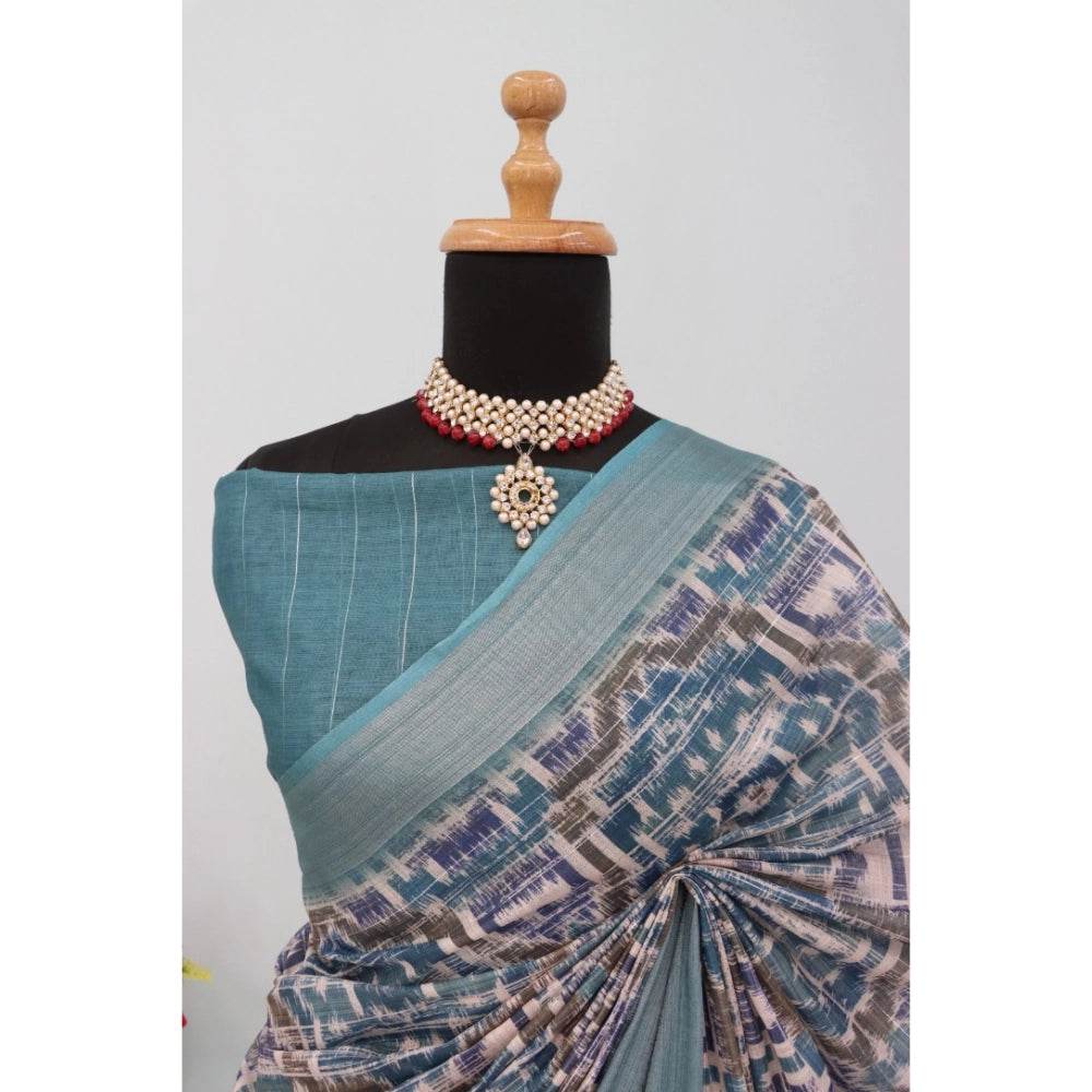 Generic Women's Linen Digital Print Saree With Unstitched Blouse 5.5Mtr (Green) - MYLUXURY LANE ENTERPRISE