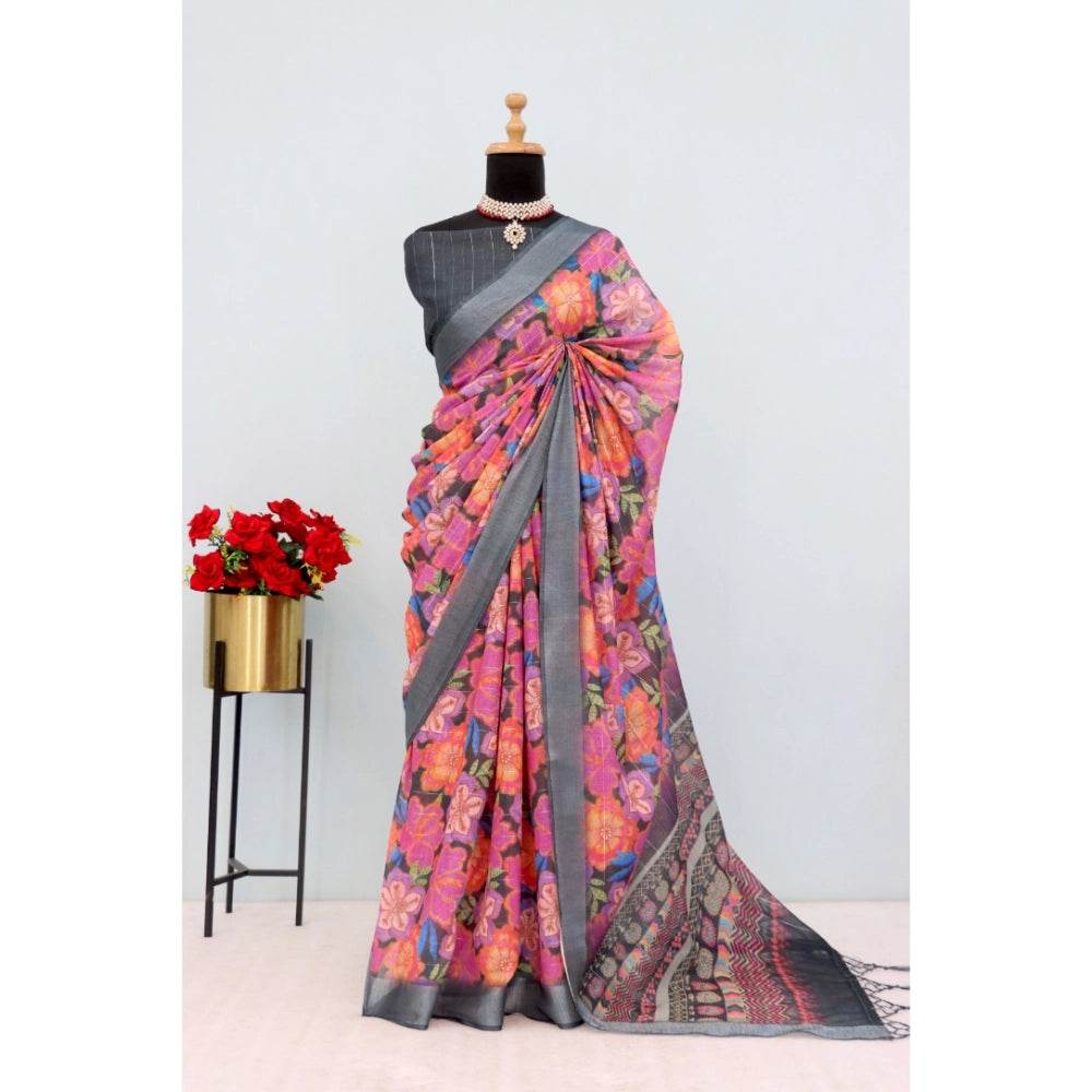 Generic Women's Linen Digital Print Saree With Unstitched Blouse 5.5Mtr (Grey) - MYLUXURY LANE ENTERPRISE