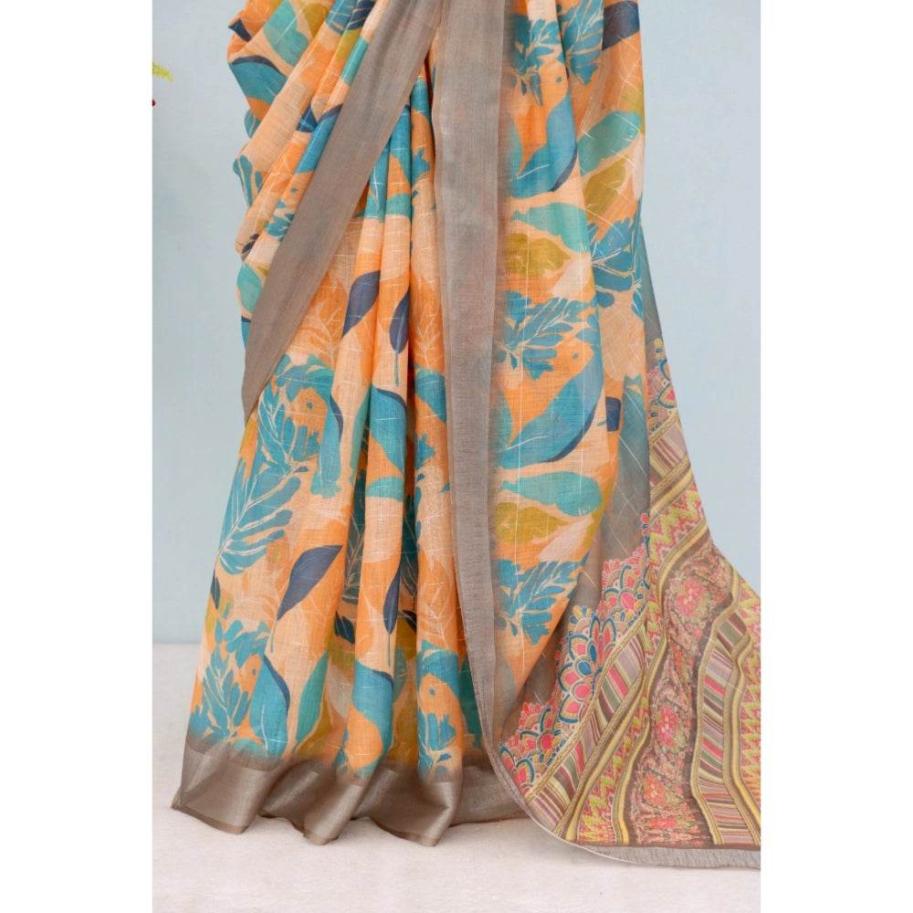 Generic Women's Linen Digital Print Saree With Unstitched Blouse 5.5Mtr (Green) - MYLUXURY LANE ENTERPRISE
