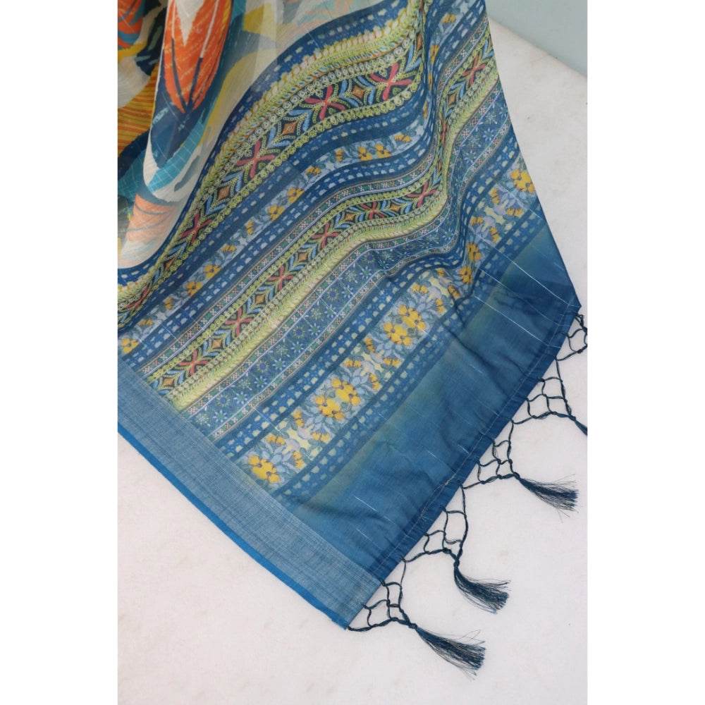 Generic Women's Linen Digital Print Saree With Unstitched Blouse 5.5Mtr (Multicolor) - MYLUXURY LANE ENTERPRISE