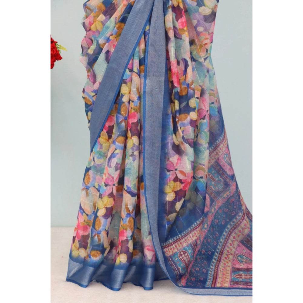 Generic Women's Linen Digital Print Saree With Unstitched Blouse 5.5Mtr (Blue) - MYLUXURY LANE ENTERPRISE