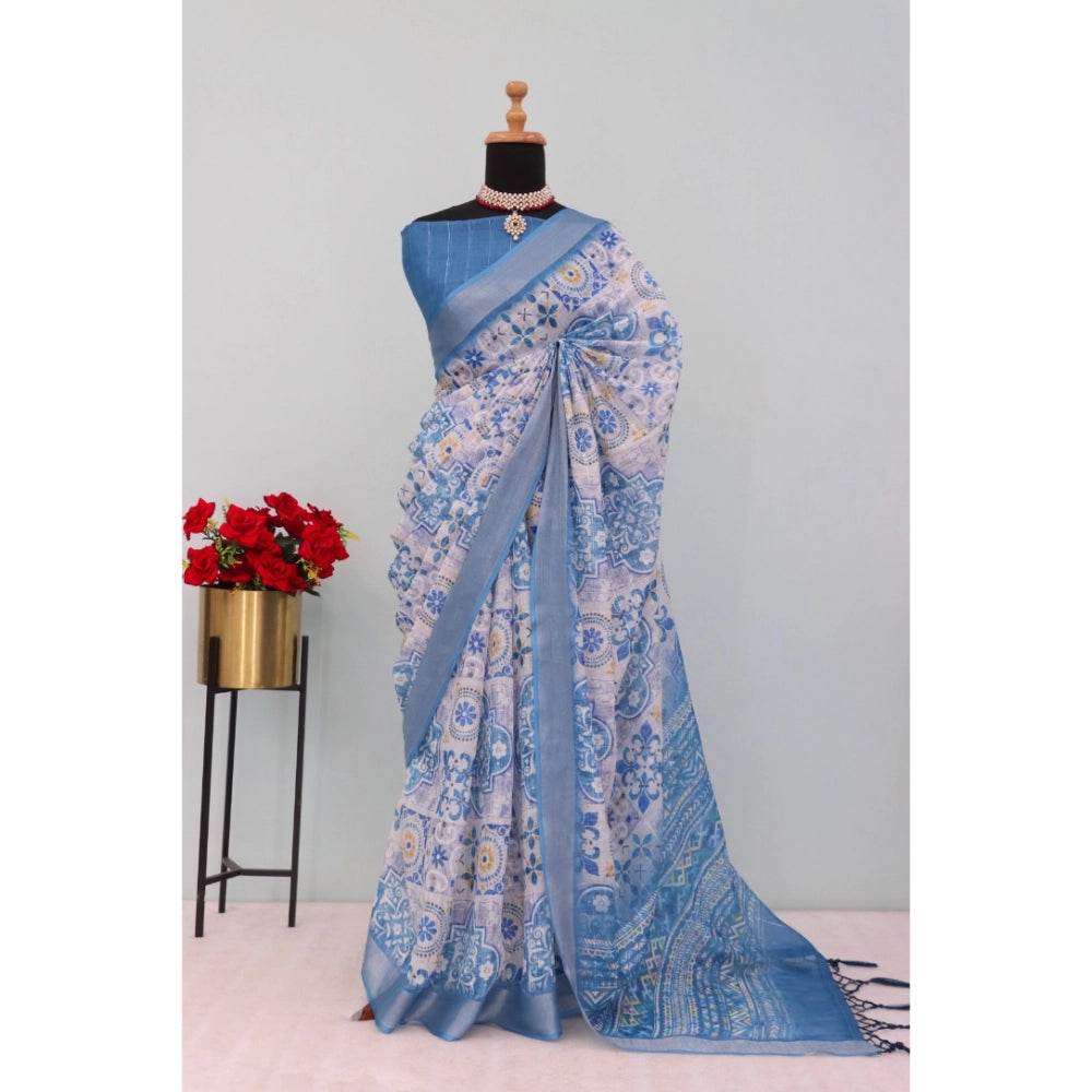 Generic Women's Linen Digital Print Saree With Unstitched Blouse 5.5Mtr (Blue) - MYLUXURY LANE ENTERPRISE