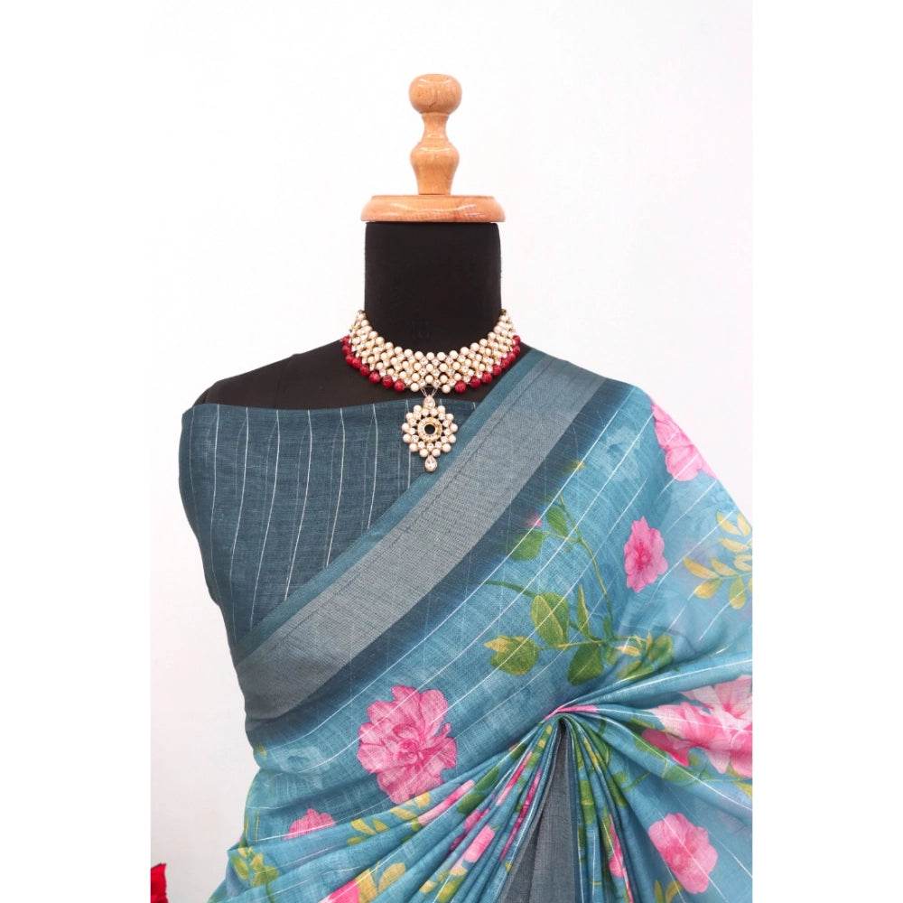 Generic Women's Linen Digital Print Saree With Unstitched Blouse 5.5Mtr (Green) - MYLUXURY LANE ENTERPRISE