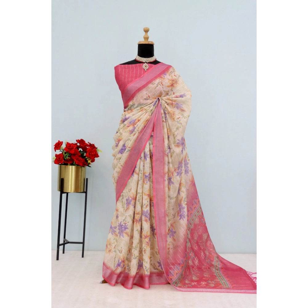 Generic Women's Linen Digital Print Saree With Unstitched Blouse 5.5Mtr (Pink) - MYLUXURY LANE ENTERPRISE