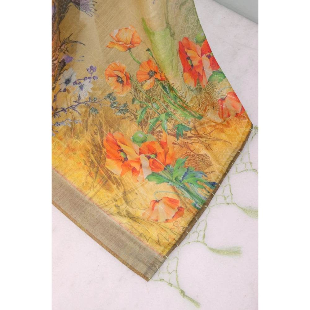 Generic Women's Linen Digital Print Saree With Unstitched Blouse 5.5Mtr (Multicolor) - MYLUXURY LANE ENTERPRISE