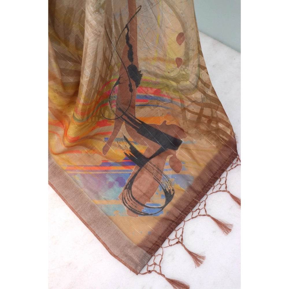 Generic Women's Linen Digital Print Saree With Unstitched Blouse 5.5Mtr (Multicolor) - MYLUXURY LANE ENTERPRISE