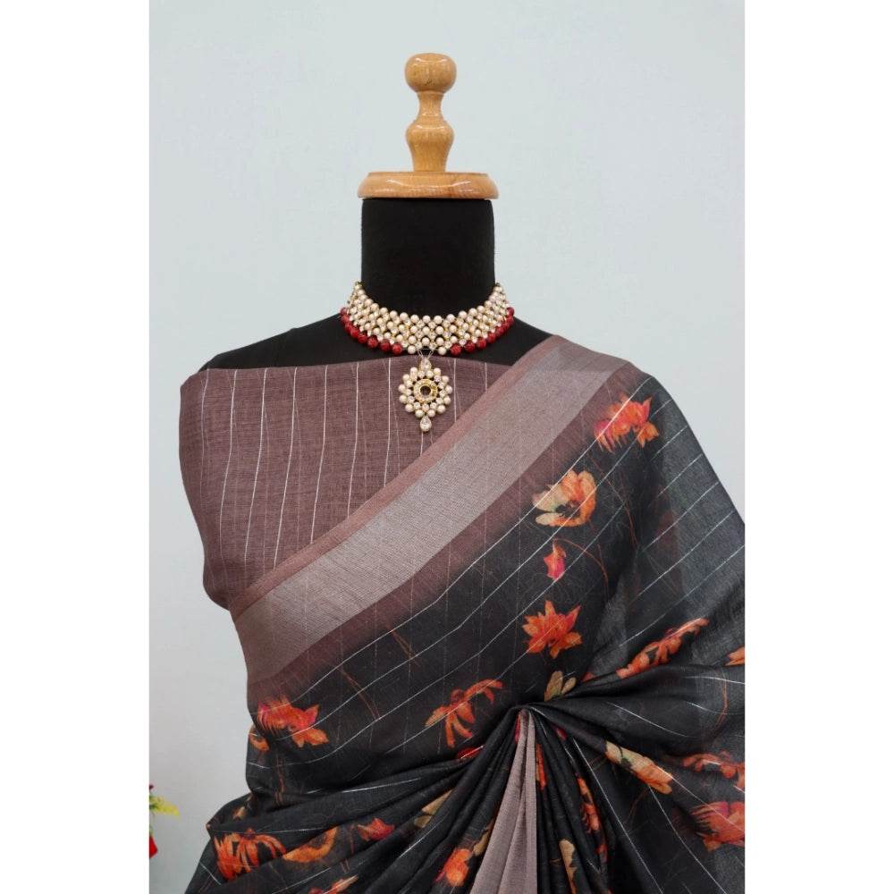 Generic Women's Linen Digital Print Saree With Unstitched Blouse 5.5Mtr (Black) - MYLUXURY LANE ENTERPRISE