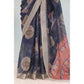 Generic Women's Linen Digital Print Saree With Unstitched Blouse 5.5Mtr (Blue) - MYLUXURY LANE ENTERPRISE