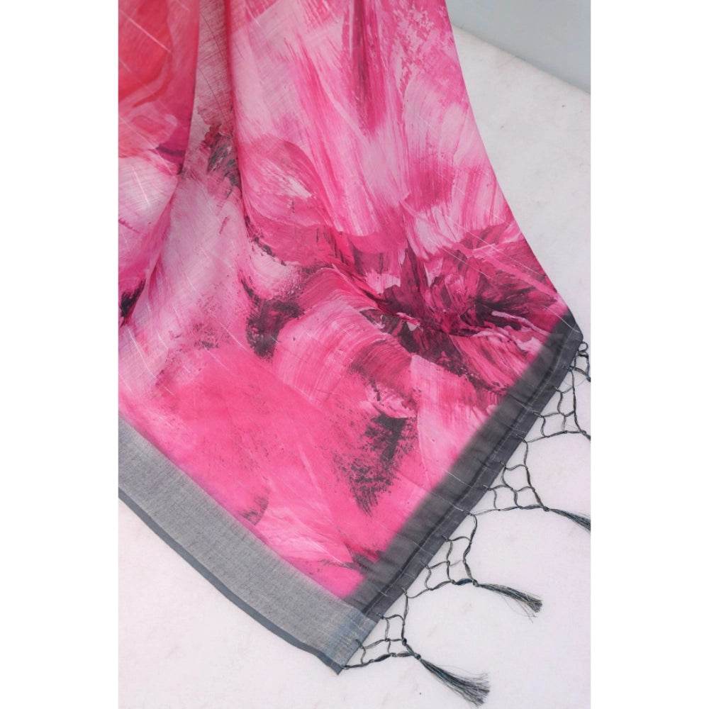 Generic Women's Linen Digital Print Saree With Unstitched Blouse 5.5Mtr (Pink) - MYLUXURY LANE ENTERPRISE