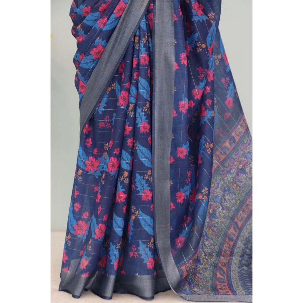 Generic Women's Linen Digital Print Saree With Unstitched Blouse 5.5Mtr (Blue) - MYLUXURY LANE ENTERPRISE