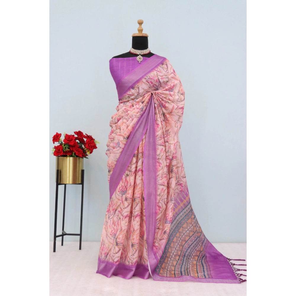 Generic Women's Linen Digital Print Saree With Unstitched Blouse 5.5Mtr (Purple) - MYLUXURY LANE ENTERPRISE