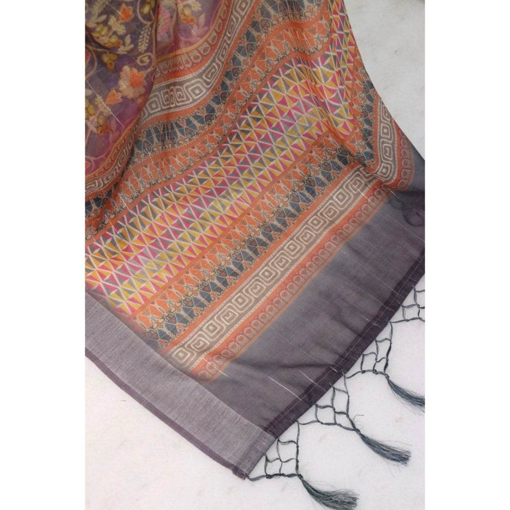 Generic Women's Linen Digital Print Saree With Unstitched Blouse 5.5Mtr (Grey) - MYLUXURY LANE ENTERPRISE