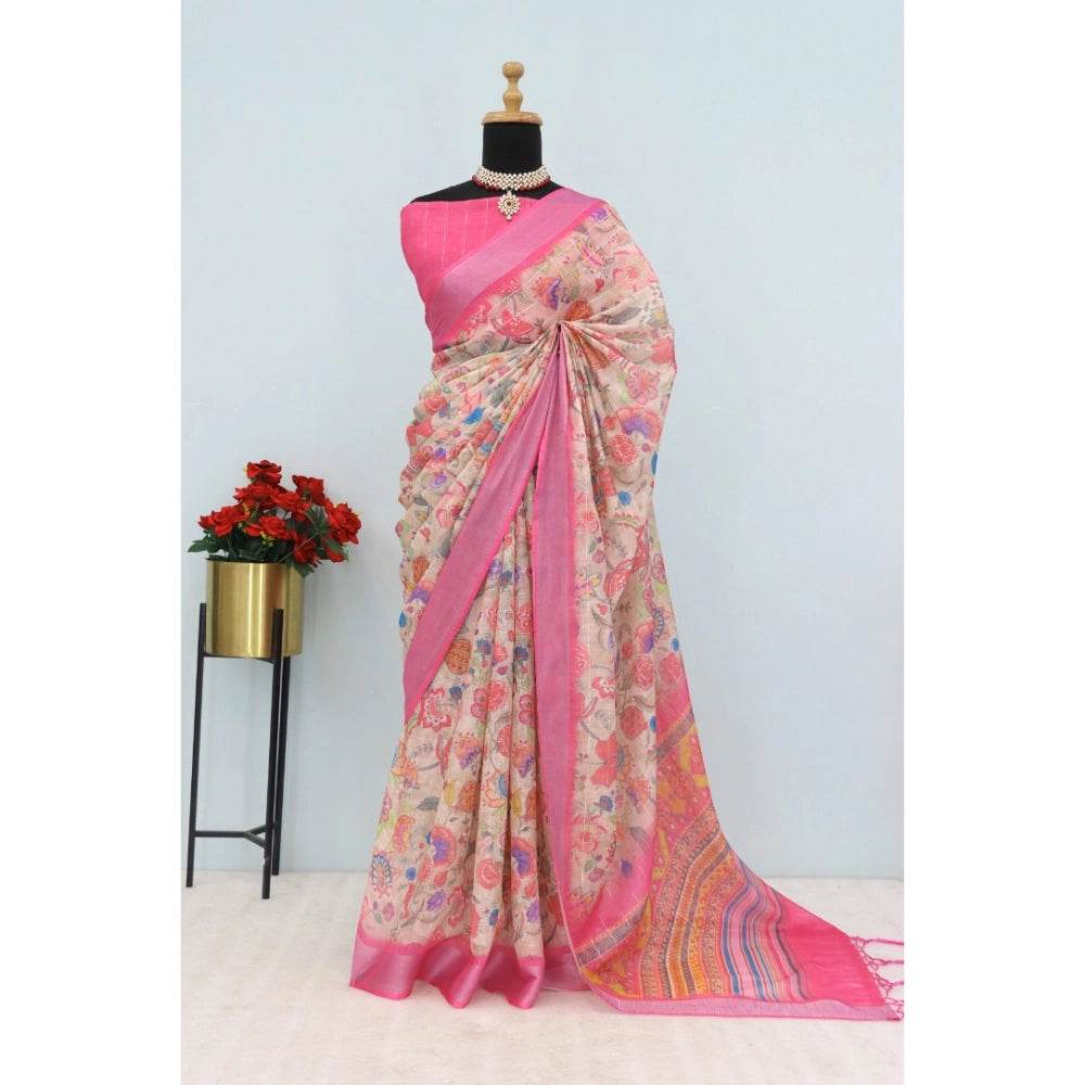 Generic Women's Linen Digital Print Saree With Unstitched Blouse 5.5Mtr (Pink) - MYLUXURY LANE ENTERPRISE