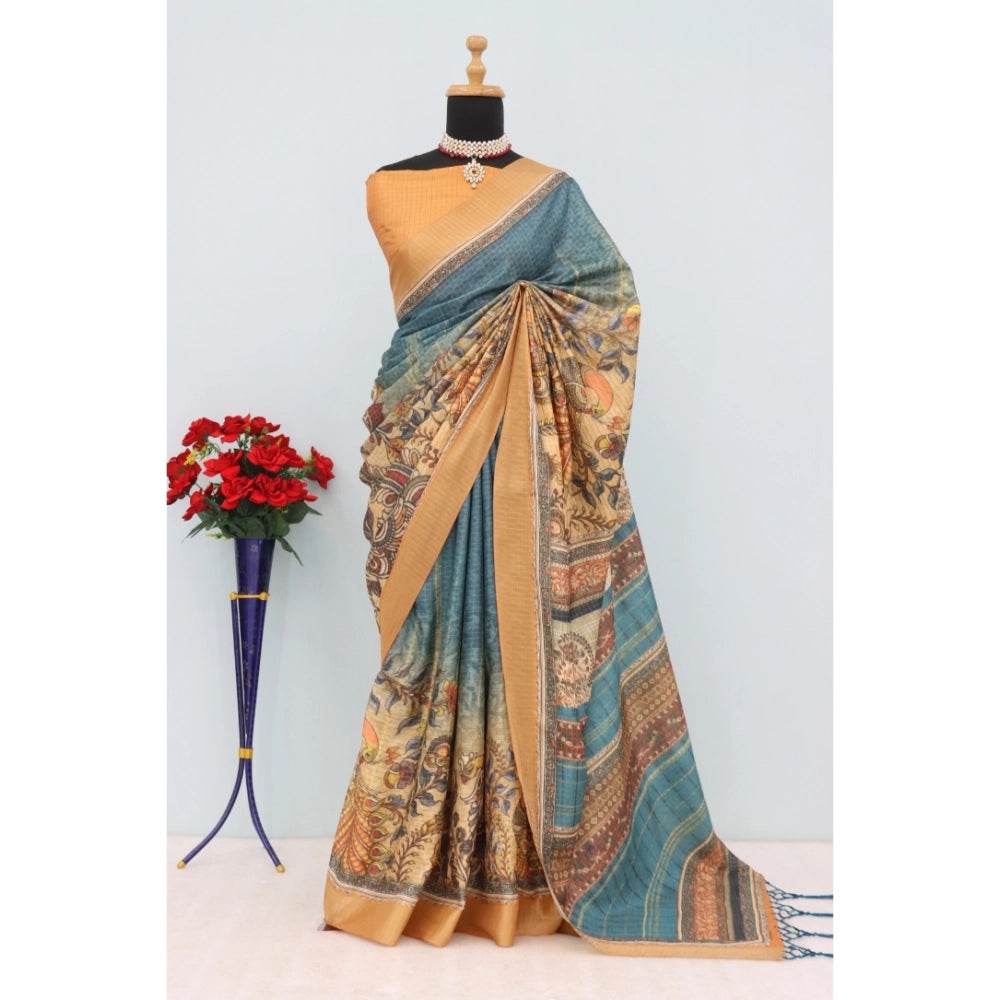 Generic Women's Mysore Silk Digital Print Saree With Unstitched Blouse 5.5Mtr (Blue) - MYLUXURY LANE ENTERPRISE