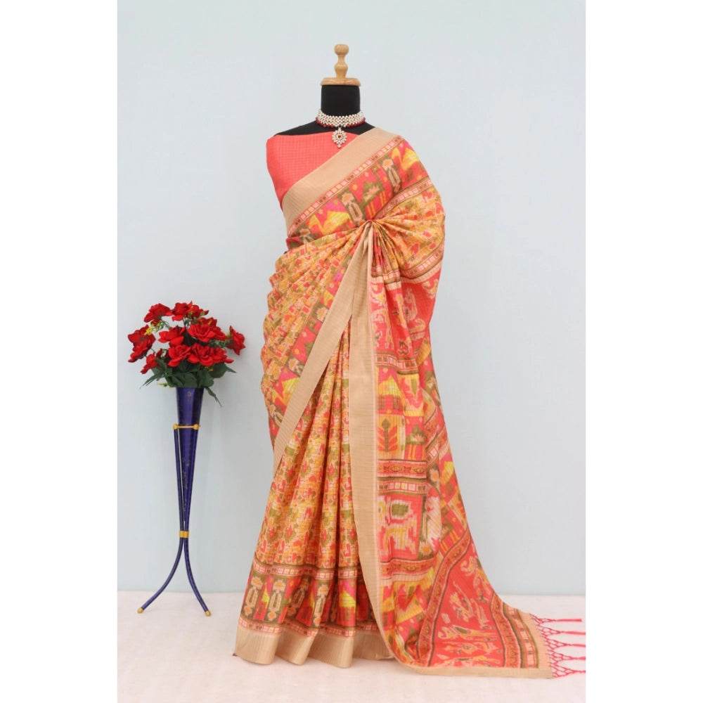 Generic Women's Mysore Silk Digital Print Saree With Unstitched Blouse 5.5Mtr (Orange) - MYLUXURY LANE ENTERPRISE