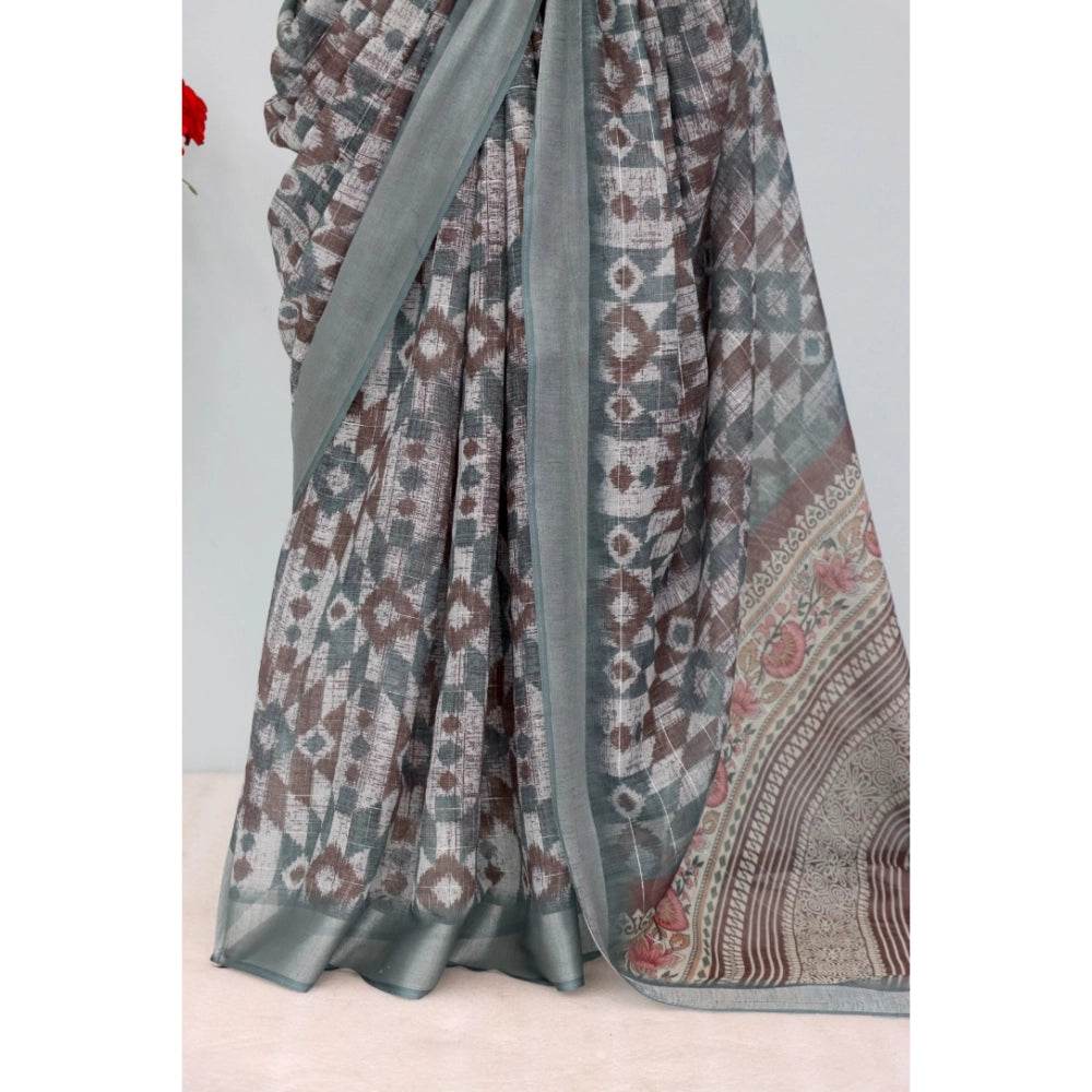 Generic Women's Linen Digital Print Saree With Unstitched Blouse 5.5Mtr (Grey) - MYLUXURY LANE ENTERPRISE