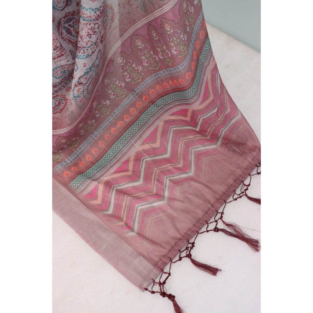 Generic Women's Linen Digital Print Saree With Unstitched Blouse 5.5Mtr (Brown) - MYLUXURY LANE ENTERPRISE