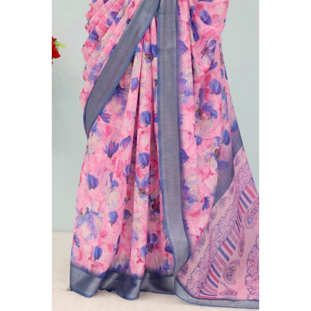 Generic Women's Linen Digital Print Saree With Unstitched Blouse 5.5Mtr (Multicolor) - MYLUXURY LANE ENTERPRISE
