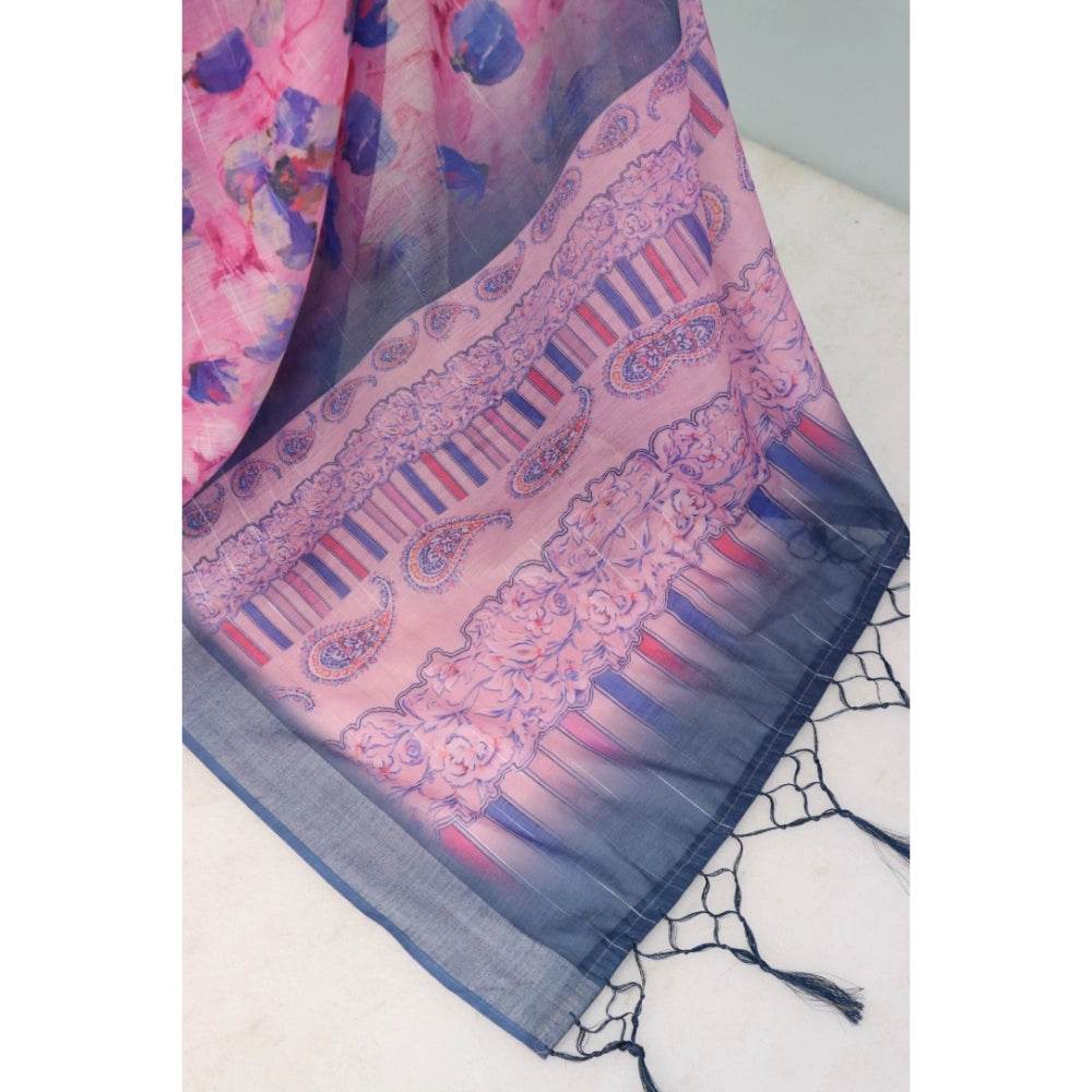 Generic Women's Linen Digital Print Saree With Unstitched Blouse 5.5Mtr (Multicolor) - MYLUXURY LANE ENTERPRISE