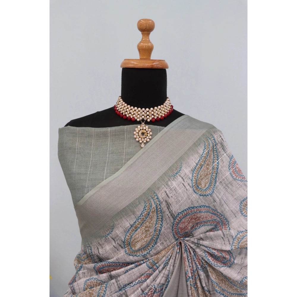 Generic Women's Linen Digital Print Saree With Unstitched Blouse 5.5Mtr (Grey) - MYLUXURY LANE ENTERPRISE