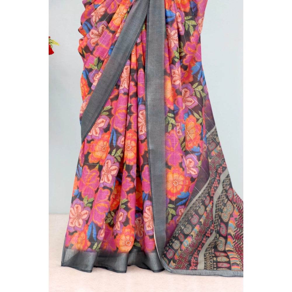 Generic Women's Linen Digital Print Saree With Unstitched Blouse 5.5Mtr (Grey) - MYLUXURY LANE ENTERPRISE
