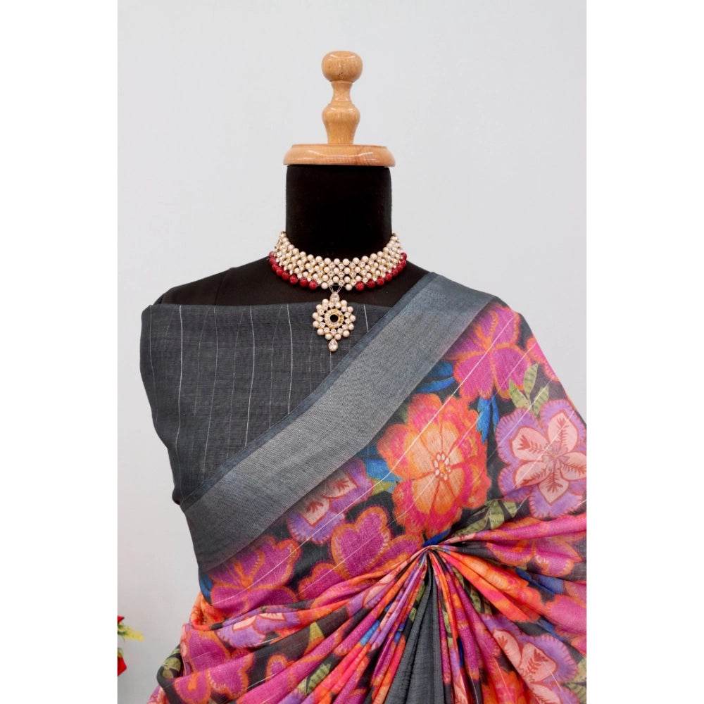 Generic Women's Linen Digital Print Saree With Unstitched Blouse 5.5Mtr (Grey) - MYLUXURY LANE ENTERPRISE