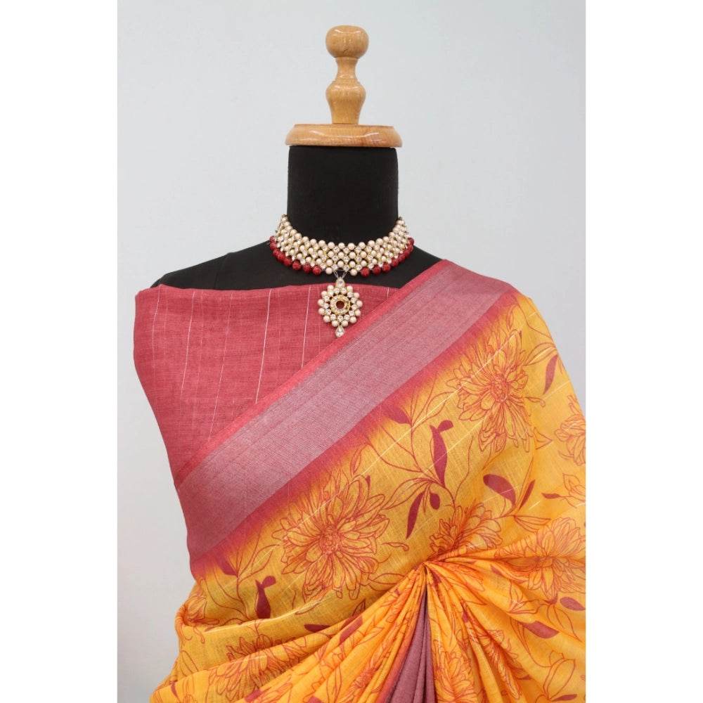 Generic Women's Linen Digital Print Saree With Unstitched Blouse 5.5Mtr (Mustard) - MYLUXURY LANE ENTERPRISE