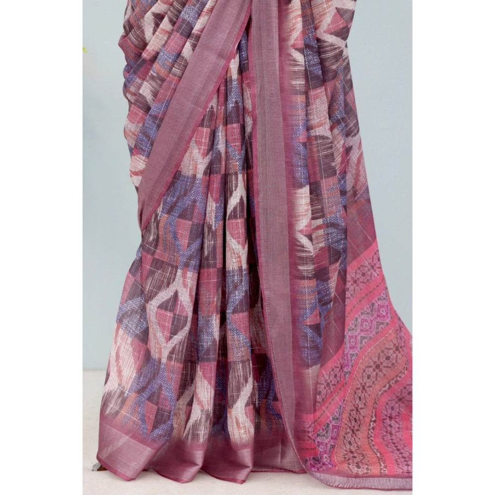 Generic Women's Linen Digital Print Saree With Unstitched Blouse 5.5Mtr (Pink) - MYLUXURY LANE ENTERPRISE