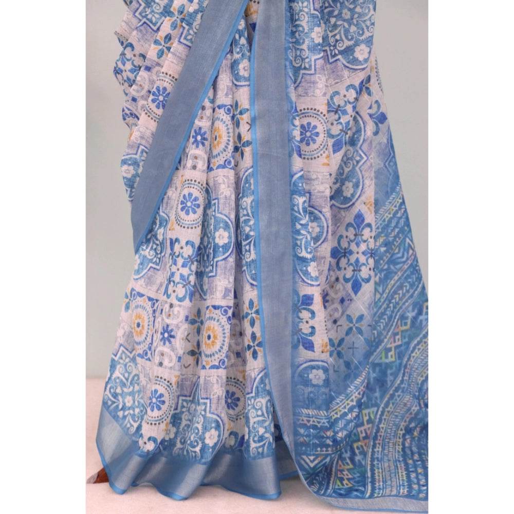 Generic Women's Linen Digital Print Saree With Unstitched Blouse 5.5Mtr (Blue) - MYLUXURY LANE ENTERPRISE