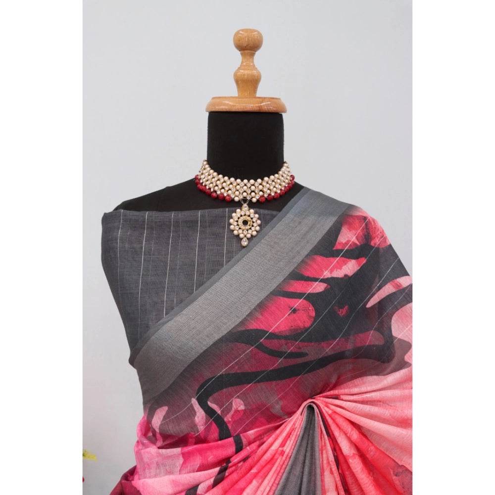 Generic Women's Linen Digital Print Saree With Unstitched Blouse 5.5Mtr (Pink) - MYLUXURY LANE ENTERPRISE