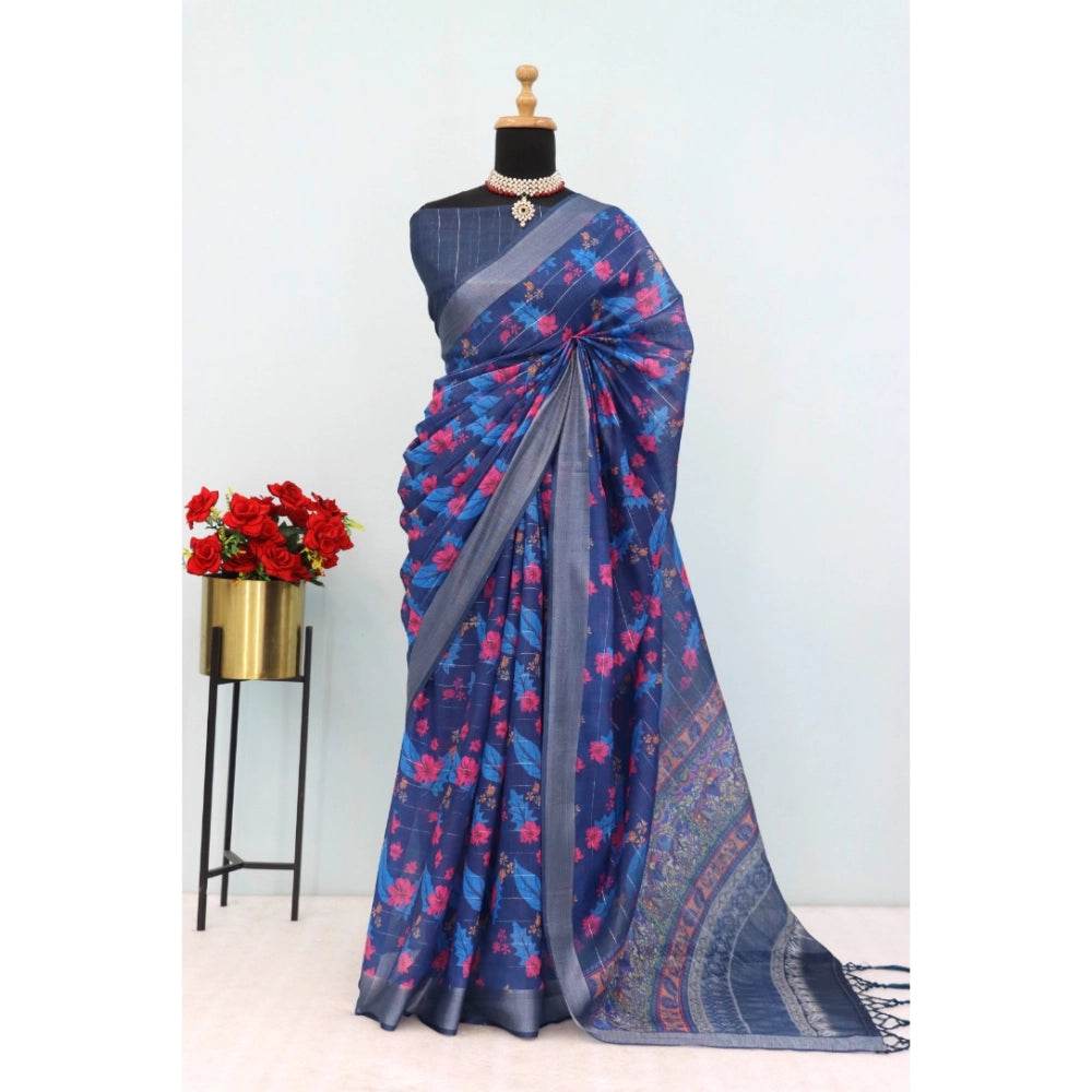 Generic Women's Linen Digital Print Saree With Unstitched Blouse 5.5Mtr (Blue) - MYLUXURY LANE ENTERPRISE