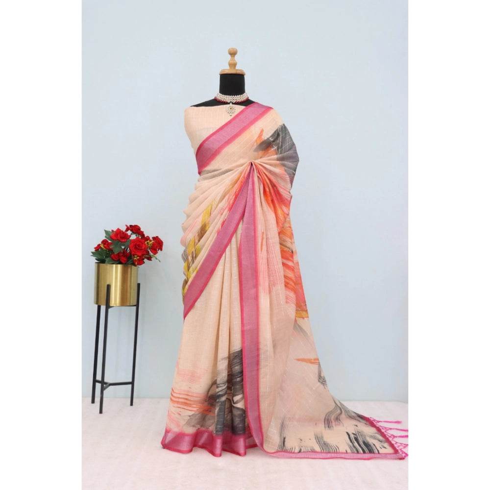 Generic Women's Linen Digital Print Saree With Unstitched Blouse 5.5Mtr (Multicolor) - MYLUXURY LANE ENTERPRISE