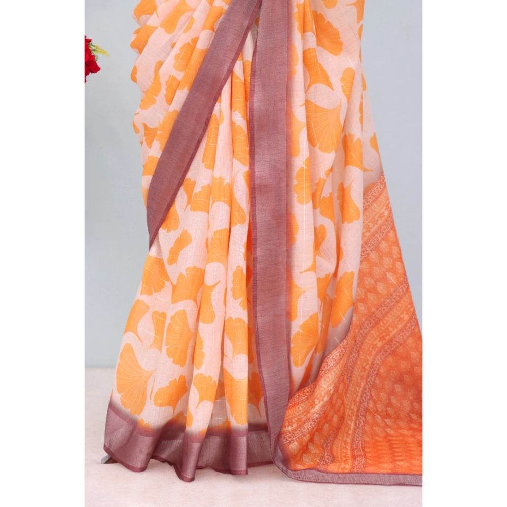 Generic Women's Linen Digital Print Saree With Unstitched Blouse 5.5Mtr (Orange) - MYLUXURY LANE ENTERPRISE