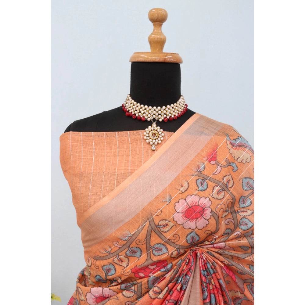 Generic Women's Linen Digital Print Saree With Unstitched Blouse 5.5Mtr (Orange) - MYLUXURY LANE ENTERPRISE