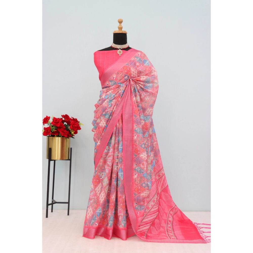Generic Women's Linen Digital Print Saree With Unstitched Blouse 5.5Mtr (Pink) - MYLUXURY LANE ENTERPRISE