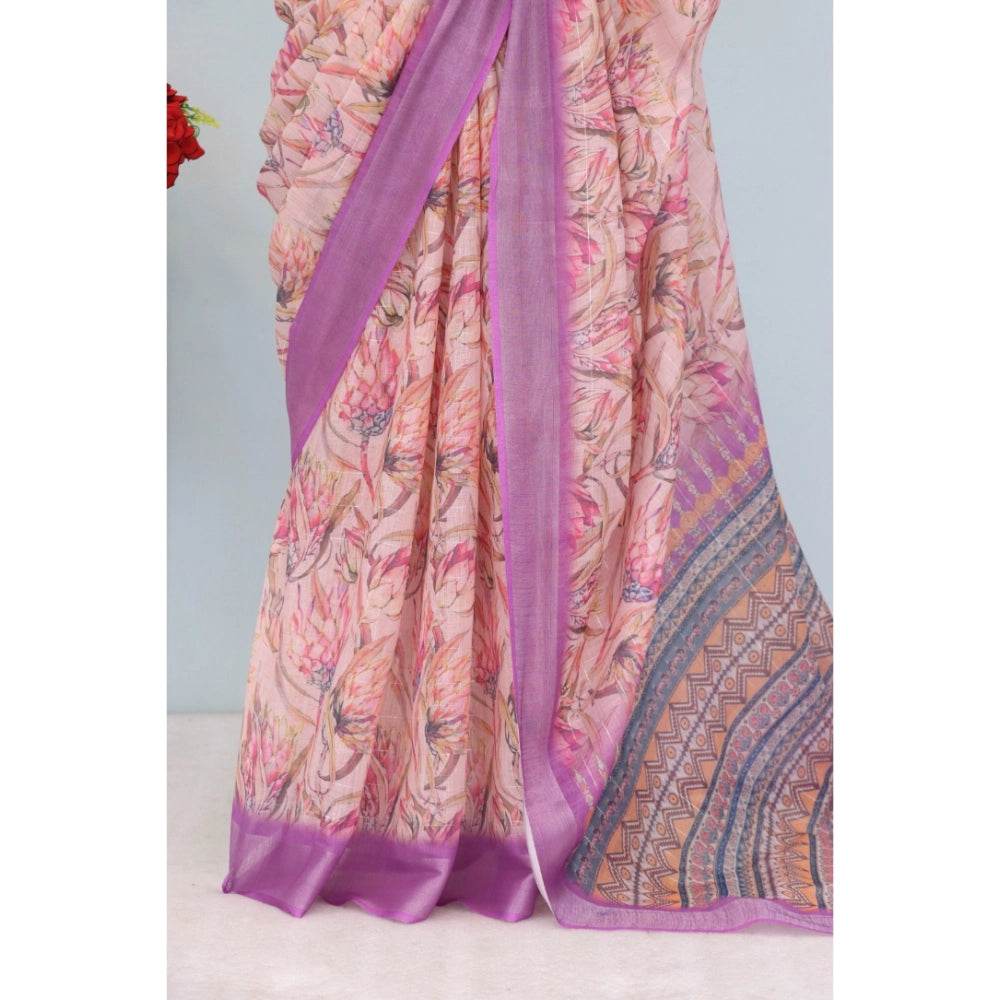 Generic Women's Linen Digital Print Saree With Unstitched Blouse 5.5Mtr (Purple) - MYLUXURY LANE ENTERPRISE