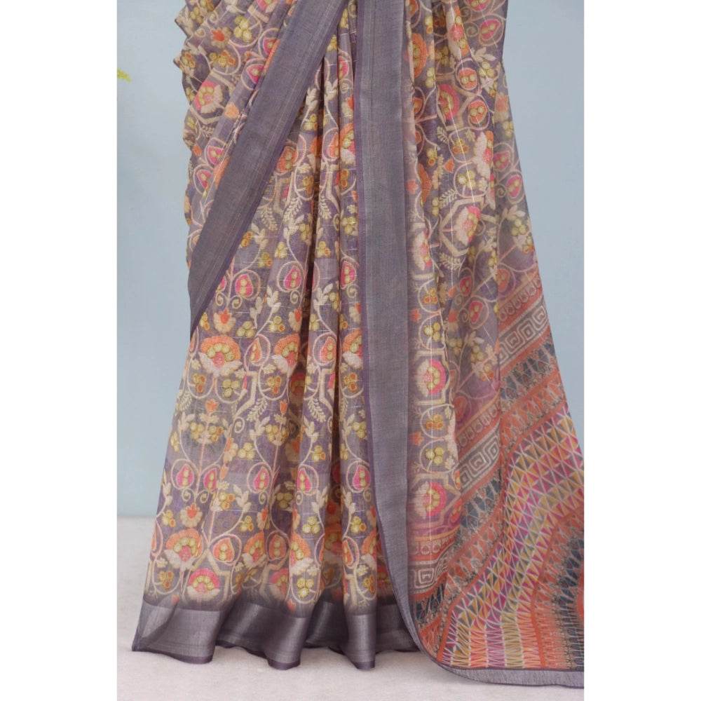 Generic Women's Linen Digital Print Saree With Unstitched Blouse 5.5Mtr (Grey) - MYLUXURY LANE ENTERPRISE