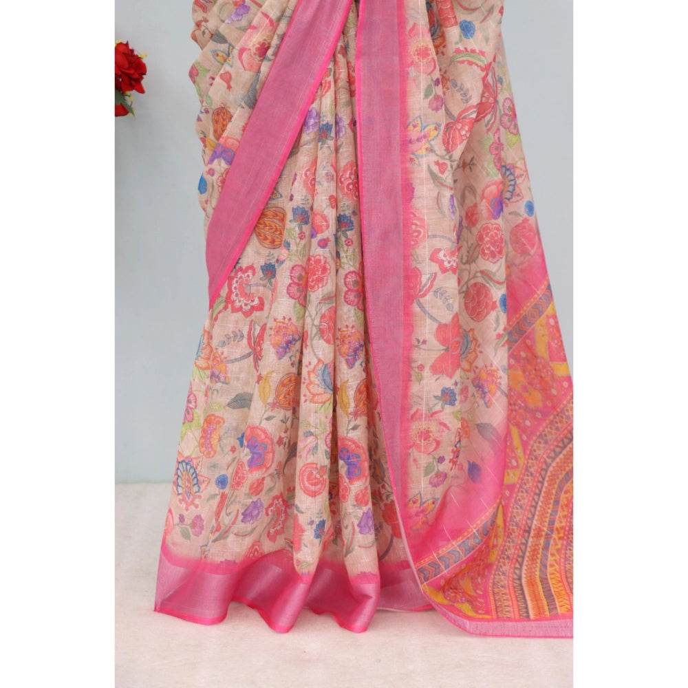 Generic Women's Linen Digital Print Saree With Unstitched Blouse 5.5Mtr (Pink) - MYLUXURY LANE ENTERPRISE
