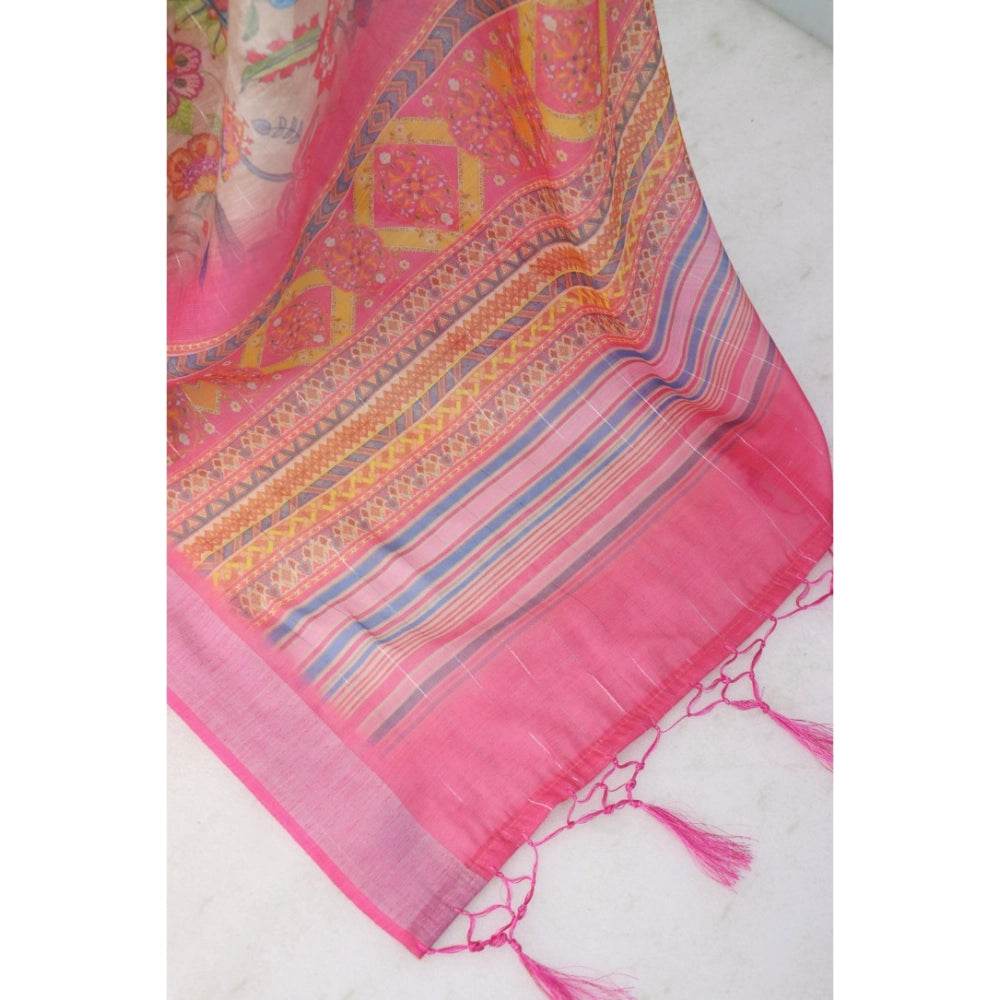 Generic Women's Linen Digital Print Saree With Unstitched Blouse 5.5Mtr (Pink) - MYLUXURY LANE ENTERPRISE