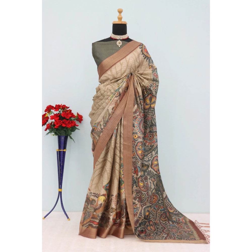 Generic Women's Mysore Silk Digital Print Saree With Unstitched Blouse 5.5Mtr (Beige) - MYLUXURY LANE ENTERPRISE