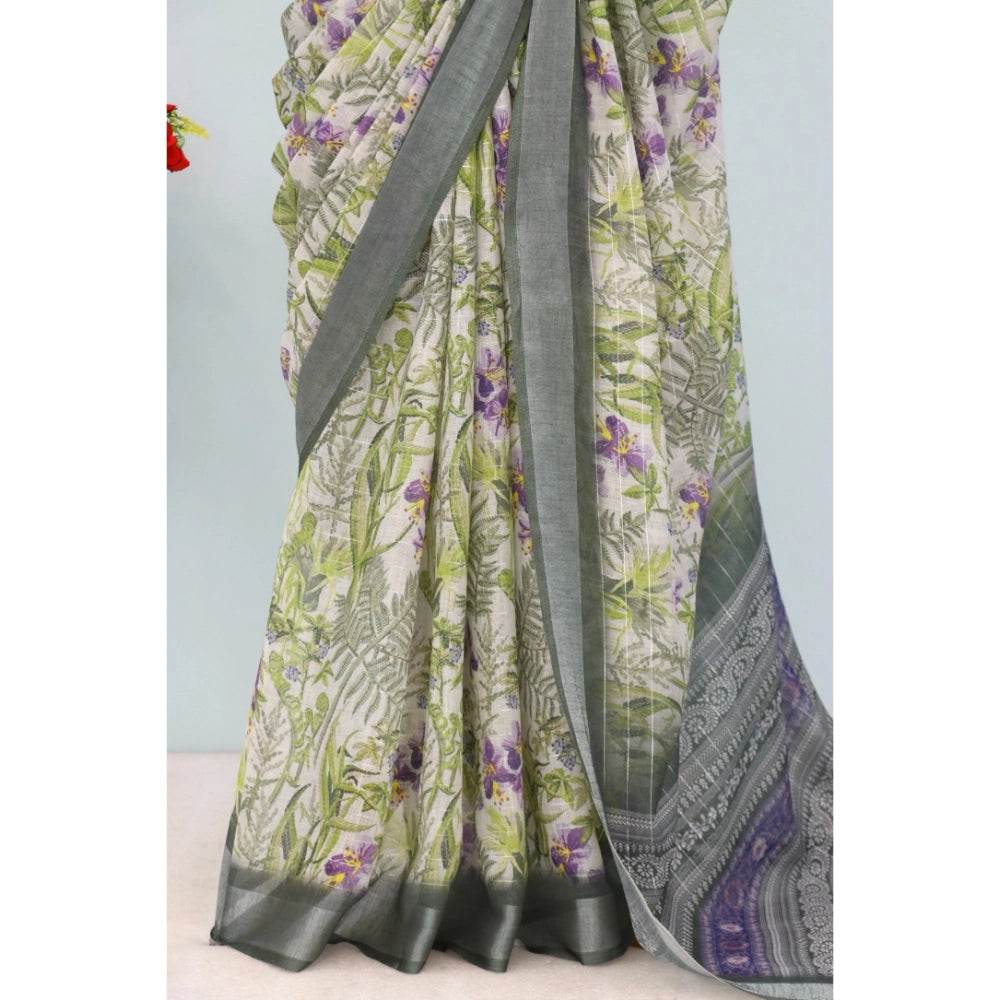 Generic Women's Linen Digital Print Saree With Unstitched Blouse 5.5Mtr (Green) - MYLUXURY LANE ENTERPRISE