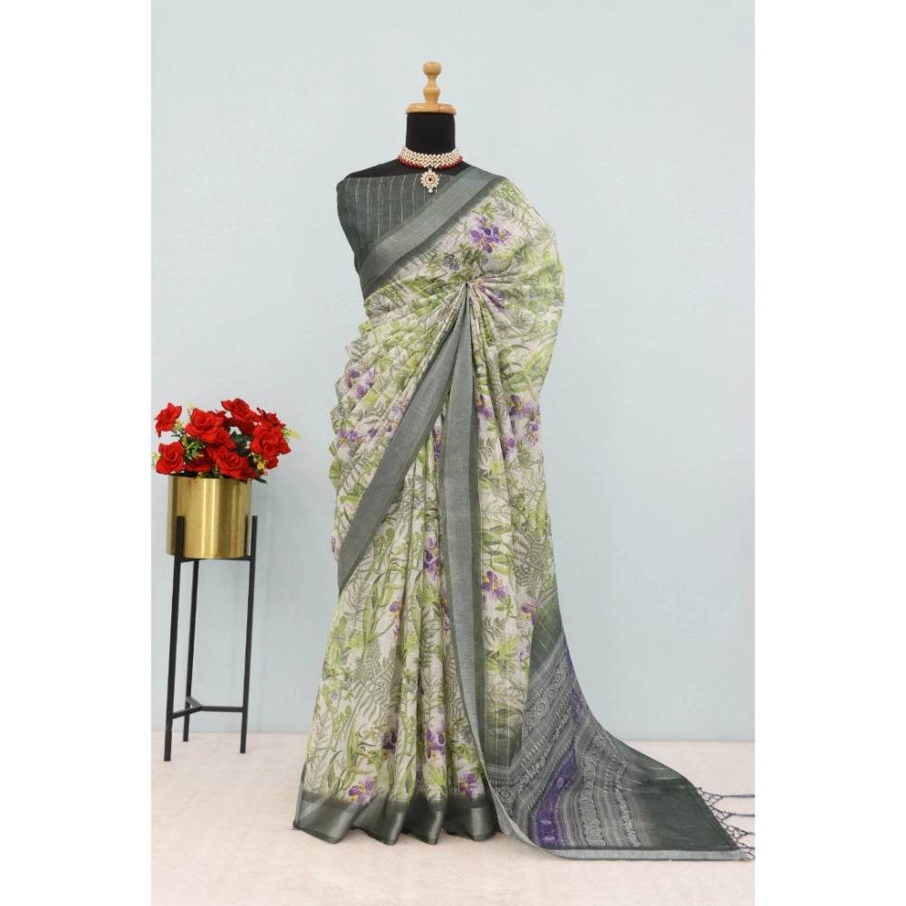 Generic Women's Linen Digital Print Saree With Unstitched Blouse 5.5Mtr (Green) - MYLUXURY LANE ENTERPRISE