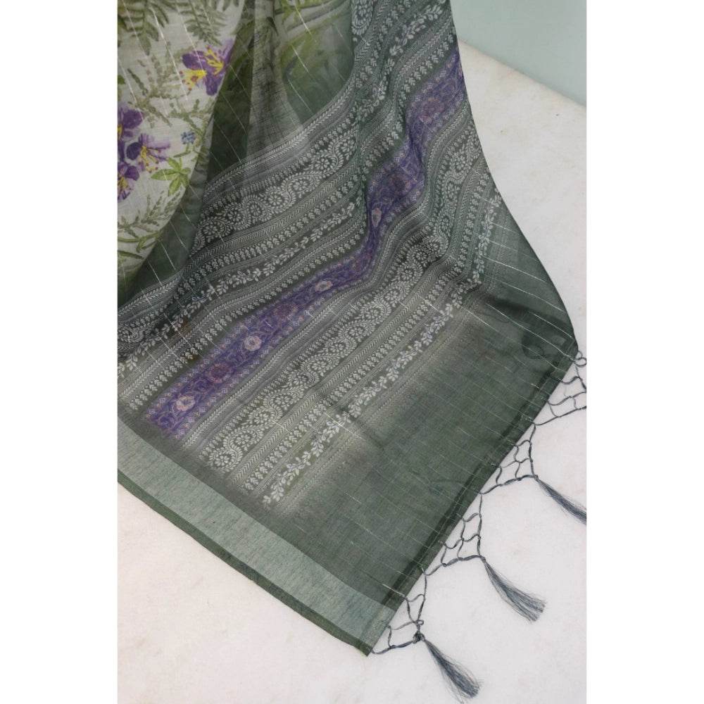 Generic Women's Linen Digital Print Saree With Unstitched Blouse 5.5Mtr (Green) - MYLUXURY LANE ENTERPRISE