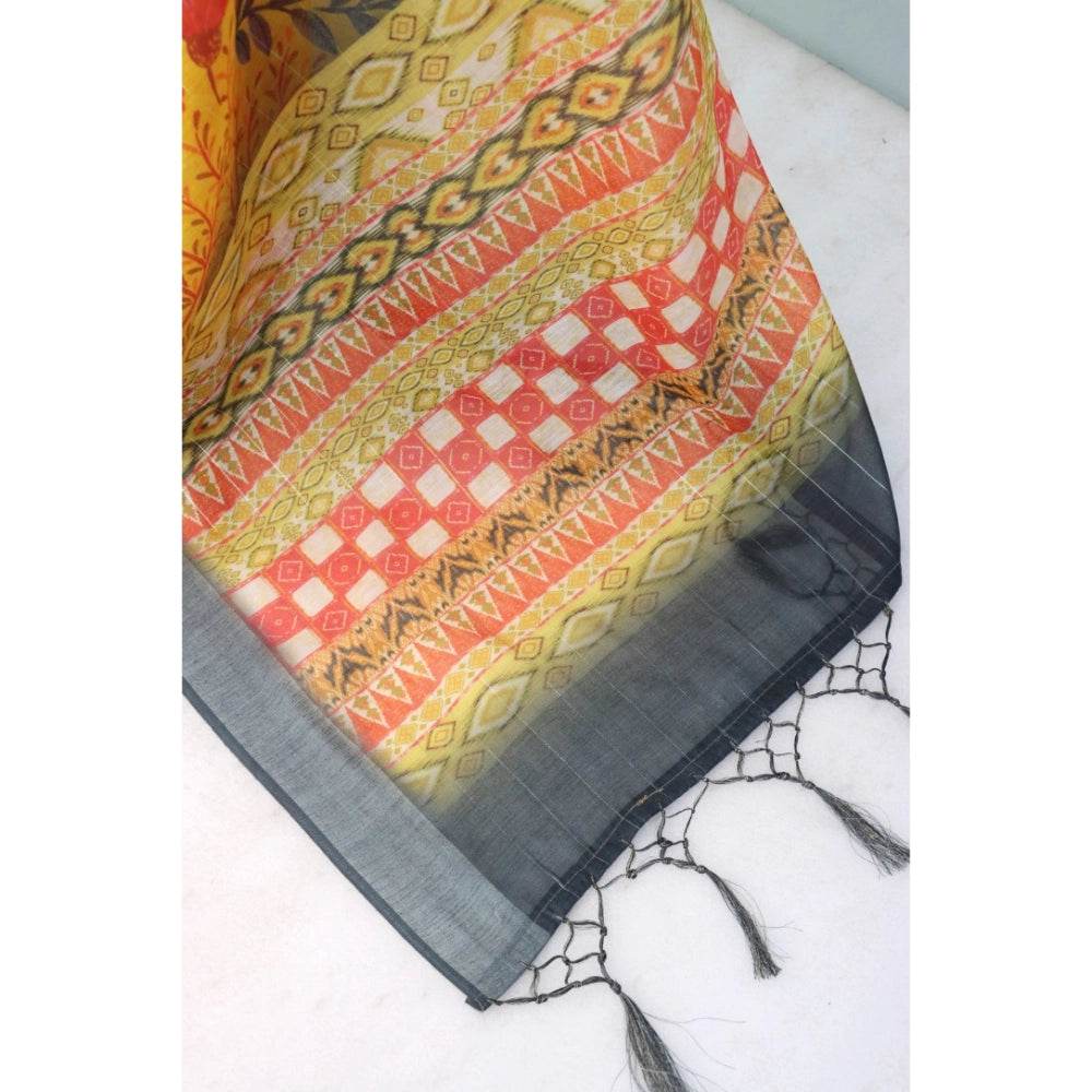 Generic Women's Linen Digital Print Saree With Unstitched Blouse 5.5Mtr (Multicolor) - MYLUXURY LANE ENTERPRISE