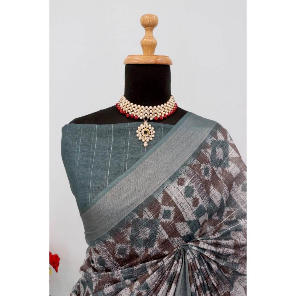 Generic Women's Linen Digital Print Saree With Unstitched Blouse 5.5Mtr (Grey) - MYLUXURY LANE ENTERPRISE