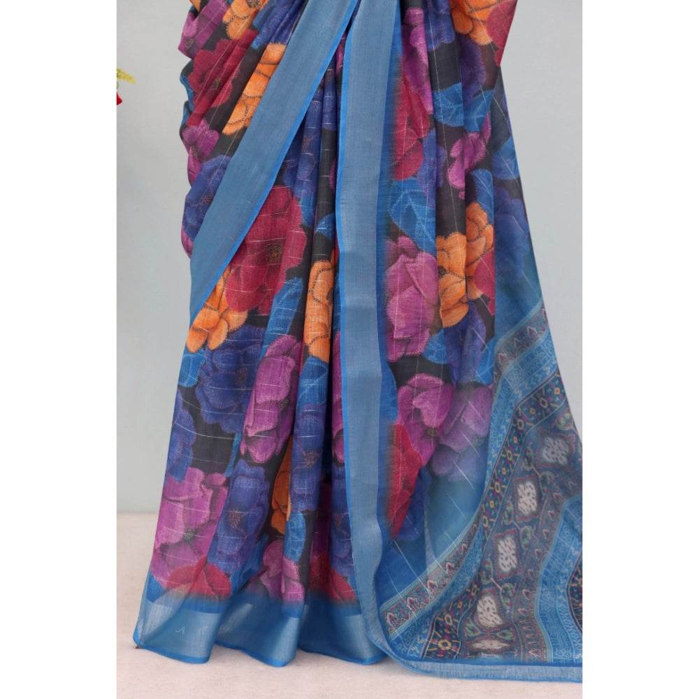 Generic Women's Linen Digital Print Saree With Unstitched Blouse 5.5Mtr (Blue) - MYLUXURY LANE ENTERPRISE