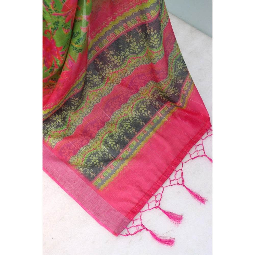 Generic Women's Linen Digital Print Saree With Unstitched Blouse 5.5Mtr (Green) - MYLUXURY LANE ENTERPRISE